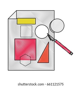 white background with colored crayon silhouette of sheet with geometric forms and scalpel vector illustration