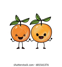 white background of colored crayon silhouette of realistic pair of orange fruits caricature vector illustration