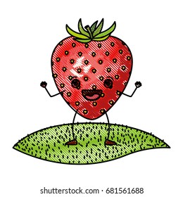 white background of colored crayon silhouette of realistic strawberry fruit caricature over grass vector illustration