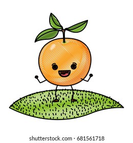 white background of colored crayon silhouette of realistic orange fruit caricature over grass vector illustration
