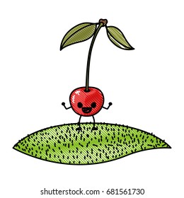 white background of colored crayon silhouette of realistic cherry fruit caricature over grass vector illustration