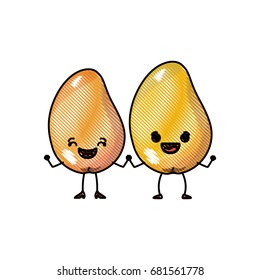 white background of colored crayon silhouette of realistic pair of mango fruits caricature vector illustration