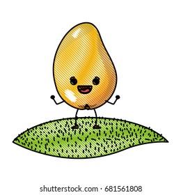 white background of colored crayon silhouette of realistic mango fruit caricature over grass vector illustration