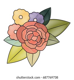 white background with colored crayon silhouette of flowers ornament in closeup vector illustration