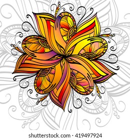 White background with colored flower. Hand drawn colored mandala with black contour. Drawing on a tablet.