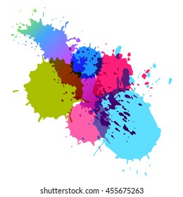 White background with colored paint splashes. Vector drops.