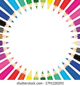 White background with colored pencils. Circle frame with pencils and copy space. Vector illustration. Back to school concept.