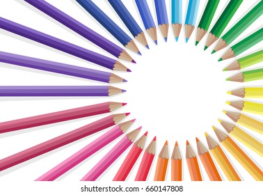 White background with colored pencils. Circle frame,vector