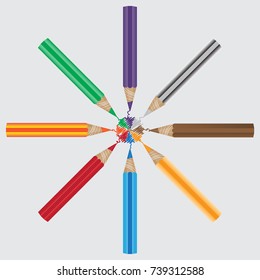 White background with colored pencils. Rounded frame