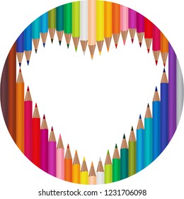 White background with colored pencils.heart frame, vector illustration
