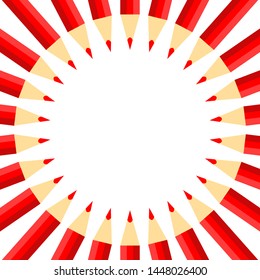White background with colored red pencils. Rounded frame