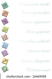 white background with colored squares and food symbols on the left and transparent letterings in seven languages on the right side