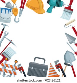 white background with colorful border icons of tools contruction