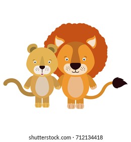 white background with colorful caricature couple cute lion and lioness animals vector illustration