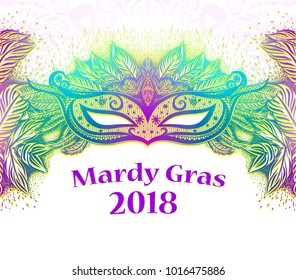 White background with colorful carnival mask and feather for design invitation card, flyer, poster on the fastival. New orleans Mardi Gras. Vector illustration.