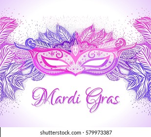 White background with colorful carnival mask and feathers for design invitation card, flyer, poster on the festival. New orleans Mardi Gras. Vector illustration.