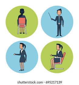 white background with colorful circle frames of corporate business men and women
