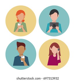 white background with colorful circles with icons of half body people with social media