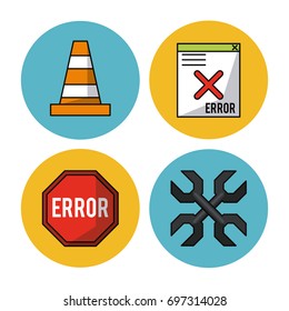 white background with colorful circles with icons of traffic cone and wrench crossed and poster and computer window error