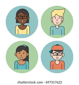 white background with colorful circles with icons of people team half body with women brunette and afro with glasses and casual clothes and caucasian men one with blond hair the other with glasses and