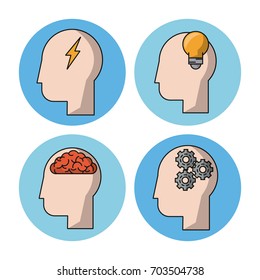 white background with colorful circles with silhouettes of faces with icons inside of ray and light bulb and brain and pinions
