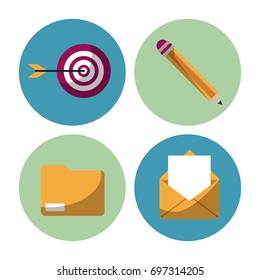 white background with colorful circles with team work icons as target and pencil and folder and mail