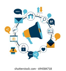 white background of colorful circular frame of tech share internet icons and closeup megaphone vector illustration