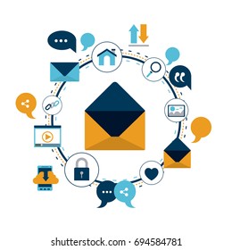 white background of colorful circular frame of tech share internet icons and closeup enveloped mail vector illustration