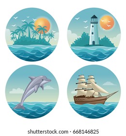white background with colorful circular frames of set summer time ocean