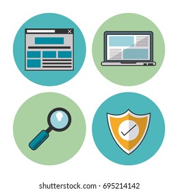 white background with colorful circular frames with icons of e-commerce and shopping as web store window and laptop computer and magnifying glass and shield