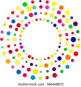 White background with colorful colored dots or circles. 