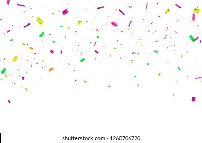 White background with colorful confetti Celebration carnival ribbons. luxury greeting rich card.