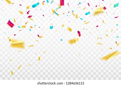 White background with colorful confetti Celebration carnival ribbons. luxury greeting rich card.