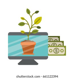 white background with colorful display computer with bills and plantpot vector illustration