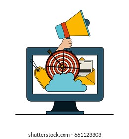 white background with colorful display computer with set megaphone and strategy elements vector illustration