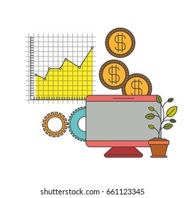 white background with colorful display computer grid with graphics growth economy vector illustration