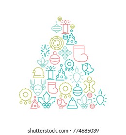 White background with colorful doodle christmas and new year icons in form of fir tree vector illustration