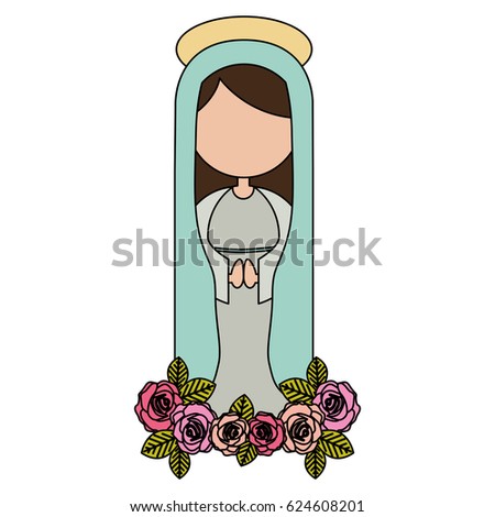 white background of colorful faceless christian virgin and ornament of roses vector illustration