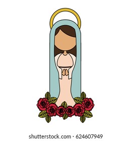 white background of colorful faceless virgin of guadalupe with light blue mantle and red roses vector illustration