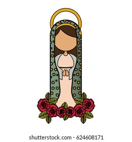 white background of colorful faceless virgin of guadalupe and ornament of roses vector illustration