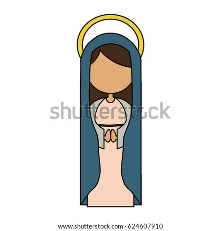 white background of colorful faceless virgin with dark blue mantle and aura vector illustration