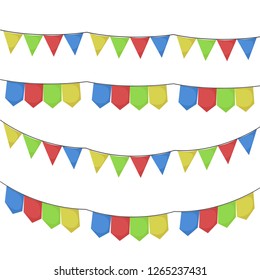 white background with colorful festoons in shape of triangle in closeup vector illustration