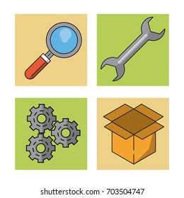 white background with colorful frames with icons of magnifying glass and wrench and pinions and box