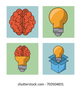 white background with colorful frames with icons of brain and light bulb and light bulb with shape of brain and light bulb in box