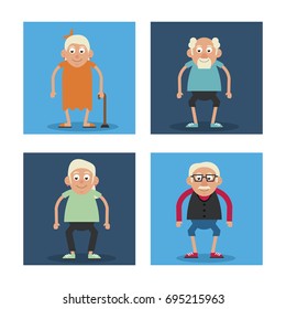 white background with colorful frames set of grandparents standing and grandmother with walking stick