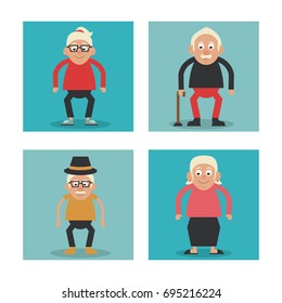 white background with colorful frames set of grandparents with walking stick and glasses and hat