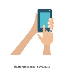 white background with colorful hands holding smartphone vector illustration
