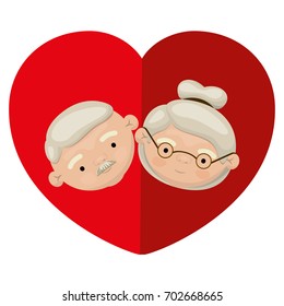 white background of colorful heart shape greeting card with caricature face of grandfather with moustache and grandmother with glasses and collected hair vector illustration