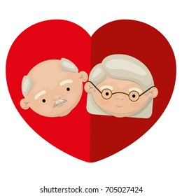 white background of colorful heart shape greeting card with caricature face of bald grandfather with moustache and grandmother with short hair with glasses vector illustration