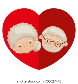 white background of colorful heart shape greeting card with caricature face of grandmother with side bun hair and bearded grandfather with glasses vector illustration